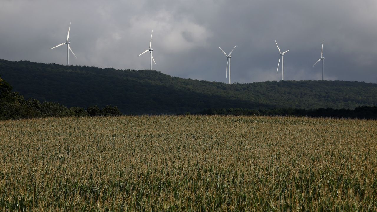 Wind turbines stand along Backbone Mountain in the US state of Maryland. The 70-megawatt wind farm runs along eight miles of the mountain ridge.