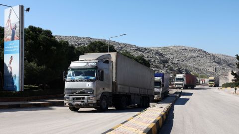 A United Nations aid convoy enters rebel-held northwestern Syria from Turkey through the Bab el-Hawa crossing on February 9, 2023.