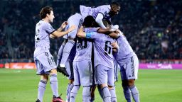 Real Madrid squad is celebrating a goal during the FIFA Club World Cup Morocco 2022 Semi Final match between TBC v Real Madrid CF at Prince Moulay Abdellah on February 08, 2023 in Rabat, Morocco. 