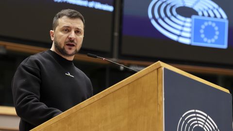 Ukraine's President Volodymyr Zelensky delivers his speech at the European Parliament in Brussels, Belgium, on Thursday.