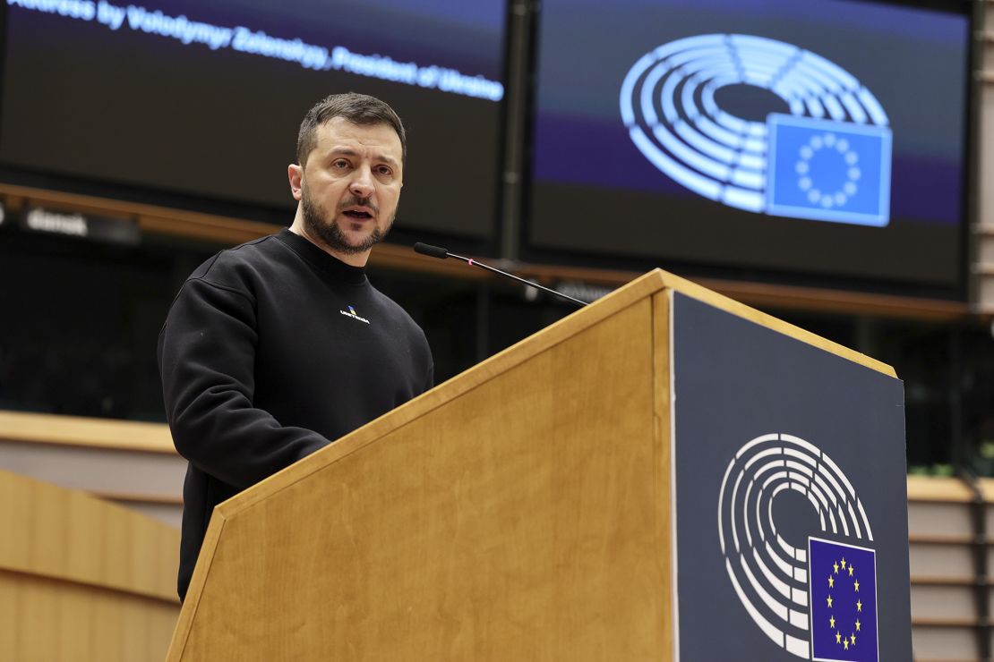 Ukraine's President Volodymyr Zelensky delivers his speech at the European Parliament in Brussels, Belgium, on Thursday.