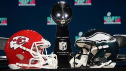 Feb 8, 2023; Phoenix, AZ, USA; Kansas City Chiefs and Philadelphia Eagles helmets and Vince Lombardi trophy at press conference at Phoenix Convention Center. Mandatory Credit: Kirby Lee-USA TODAY Sports