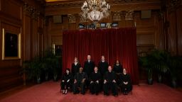 Justices of the US Supreme Court pose for their official photo at the Supreme Court in Washington, DC on October 7, 2022. - (Seated from left) Associate Justice Sonia Sotomayor, Associate Justice Clarence Thomas, Chief Justice John Roberts, Associate Justice Samuel Alito and Associate Justice Elena Kagan, (Standing behind from left) Associate Justice Amy Coney Barrett, Associate Justice Neil Gorsuch, Associate Justice Brett Kavanaugh and Associate Justice Ketanji Brown Jackson. (Photo by OLIVIER DOULIERY / AFP) (Photo by OLIVIER DOULIERY/AFP via Getty Images)