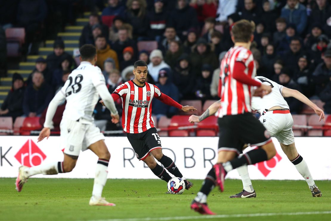 Max Lowe of Sheffield United keeps possession of the ball during the Championship match against Stoke City at Bramall Lane on January 14, 2023 in Sheffield.
