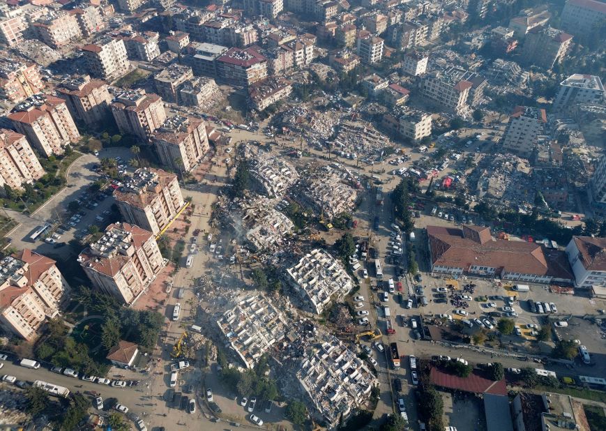Destruction is seen in the center of Hatay on February 9.