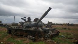 A destroyed Russian tank is seen at a compound of an international airport after Russia's retreat from Kherson, in Chornobaivka, outside of Kherson, Ukraine November 16, 2022.