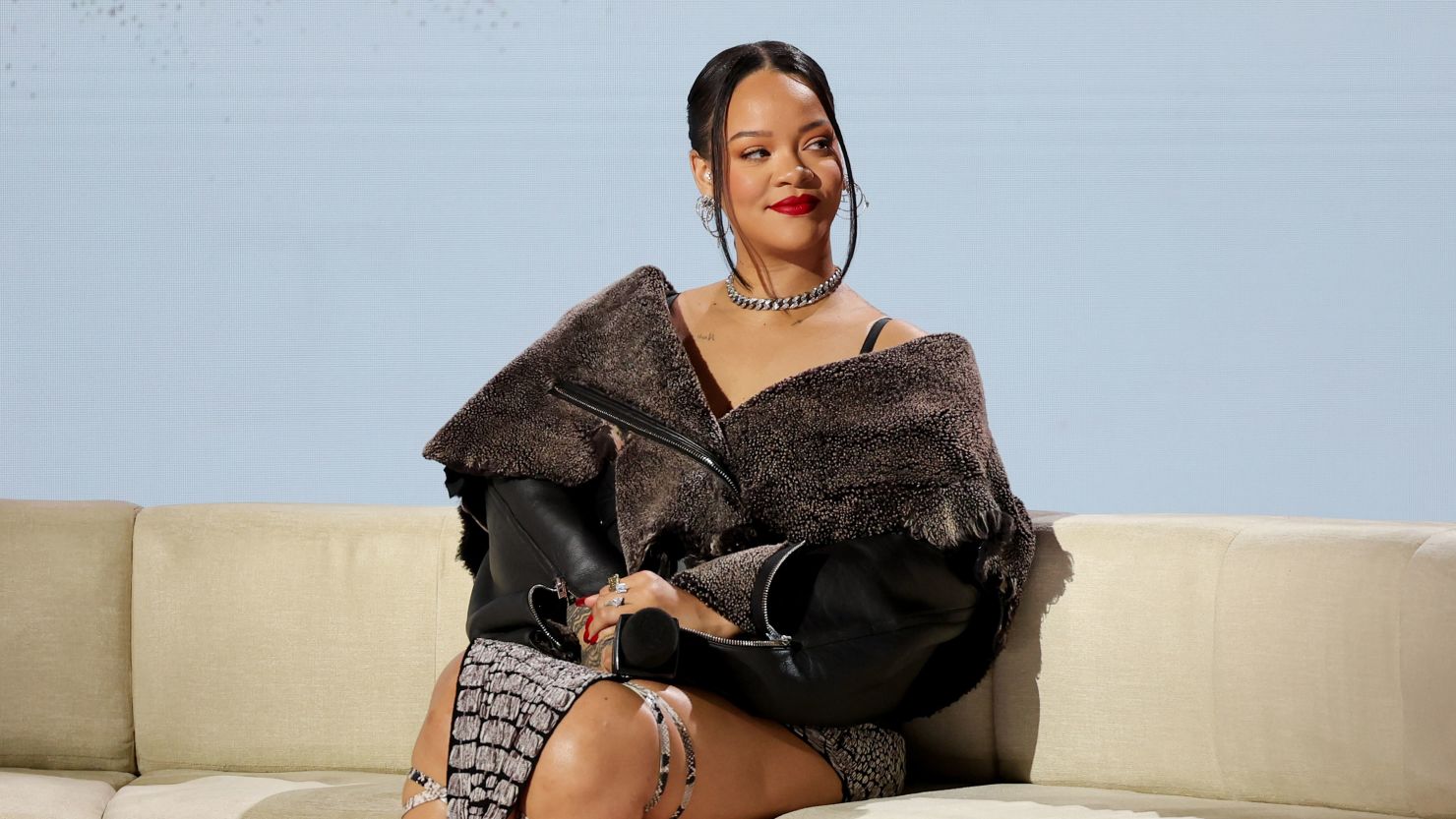 Rihanna at the Super Bowl LVII Halftime Show Press Conference held at Phoenix Convention Center on February 9.