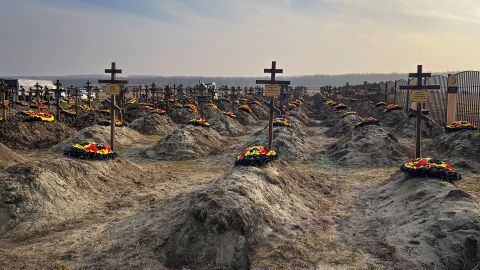 Graves of Russian Wagner mercenary group fighters are seen in a cemetery near the village of Bakinskaya in Russia's Krasnodar region on January 22, 2023.