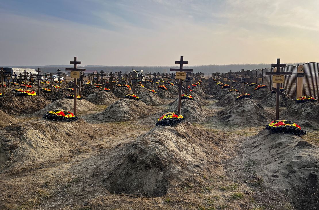 Graves of Russian Wagner mercenary group fighters are seen in a cemetery near the village of Bakinskaya in Russia's Krasnodar region on January 22, 2023.