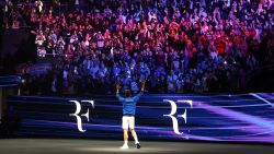 LONDON, ENGLAND - SEPTEMBER 23:  Roger Federer of Team Europe thanks the support as he has an emotional farewell following the doubles match between Jack Sock and Frances Tiafoe of Team World and Roger Federer and Rafael Nadal of Team Europe during Day One of the Laver Cup at The O2 Arena on September 23, 2022 in London, England.