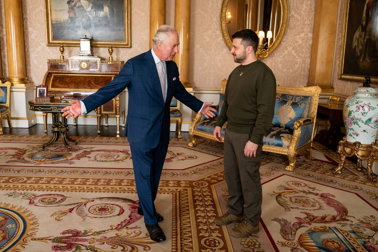 Britain's King Charles III, left, welcomes Ukrainian President Volodymyr Zelensky to London's Buckingham Palace on Wednesday, February 8. Zelensky <a href="https://www.cnn.com/2023/02/08/europe/zelensky-visit-uk-intl-gbr/index.html" target="_blank">made a surprise visit to the UK</a> and gave a speech to the joint houses of Parliament. In his speech, he made a direct plea for more heavy weaponry, including fighter jets, as his country continues to fight off Russian invaders.