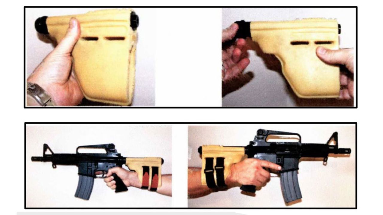 An image of a "stabilizing brace" attached to an AR-type pistol shown in a training presentation from the Bureau of Alcohol, Tobacco, Firearms and Explosives. Republican attorneys general are suing the Biden administration in an effort to block a new rule regulating the braces. 