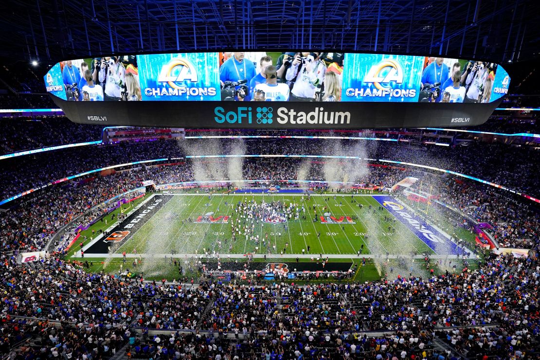Confetti drops on SoFi stadium as the Los Angeles Rams win Super Bowl LVI against the Cincinnati Bengals.