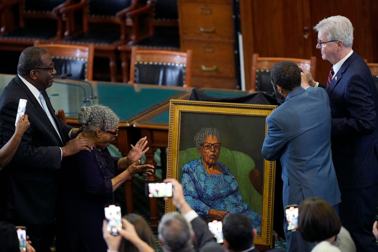 Opal Lee, who worked to help make Juneteenth a federally recognized holiday, stands with Texas state Sen. Royce West, left, as <a href="https://www.cnn.com/2023/02/09/us/opal-lee-texas-portrait-reaj/index.html" target="_blank">her portrait is unveiled at the state Capitol</a> in Austin on Wednesday, February 8. It's the first new portrait to be hung in the state Senate chamber in more than 40 years.