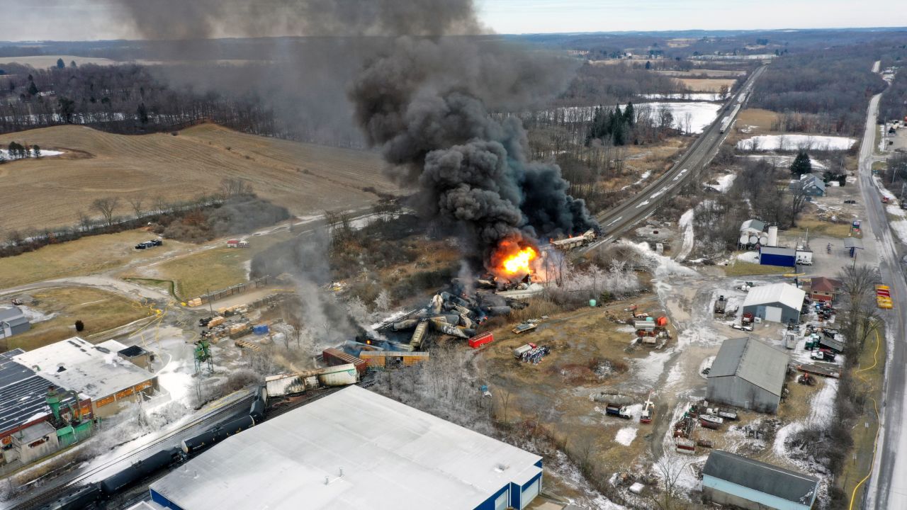 A plume of smoke rises from a Norfolk Southern train that derailed in East Palestine, Ohio, on Friday, February 3. The train was carrying hazardous materials, including the toxic chemical vinyl chloride, and <a href="https://www.cnn.com/2023/02/08/us/east-palestine-ohio-train-derailment-fire-wednesday/index.html" target="_blank">the wreckage burned for days</a>.