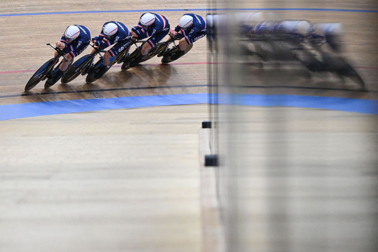 From left, French cyclists Benjamin Thomas, Thomas Denis, Corentin Ermenault and Adrien Garel compete at the Track Elite European Championships on Wednesday, February 8.