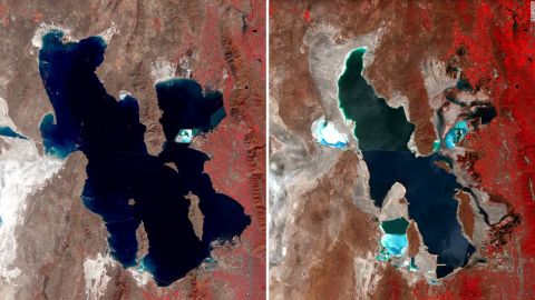 Satellite images show the water levels of the Great Salt Lake in 1987, left, and 2022.
