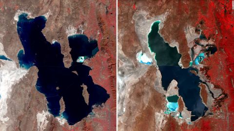 Satellite images show the water levels of the Great Salt Lake in 1987, left, and 2022.