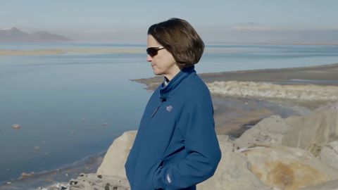 Bonnie Baxter, director of the Great Salt Lake Institute at Westminster College in Salt Lake City, Utah, stands on the shore of the Great Salt Lake.