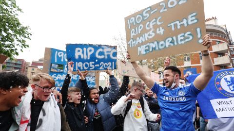 Chelsea fans gather to protest the introduction of the European Super League in April 2021 in London.