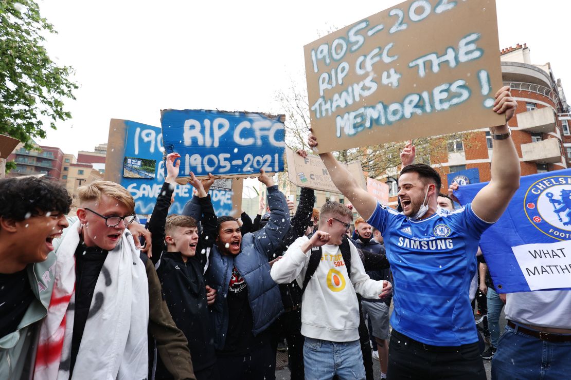 Chelsea fans gather to protest the introduction of the European Super League in April 2021 in London.