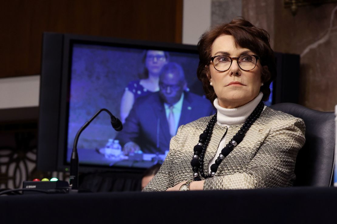 WASHINGTON, DC - JUNE 10:  Sen. Jacky Rosen (R-NV) listens during a Senate Armed Services Committee hearing on Capitol Hill on June 10, 2021 in Washington, DC. The hearing was held to discuss the Defense Department's Fiscal Year 2022 budget proposal. (Photo by Anna Moneymaker/Getty Images)