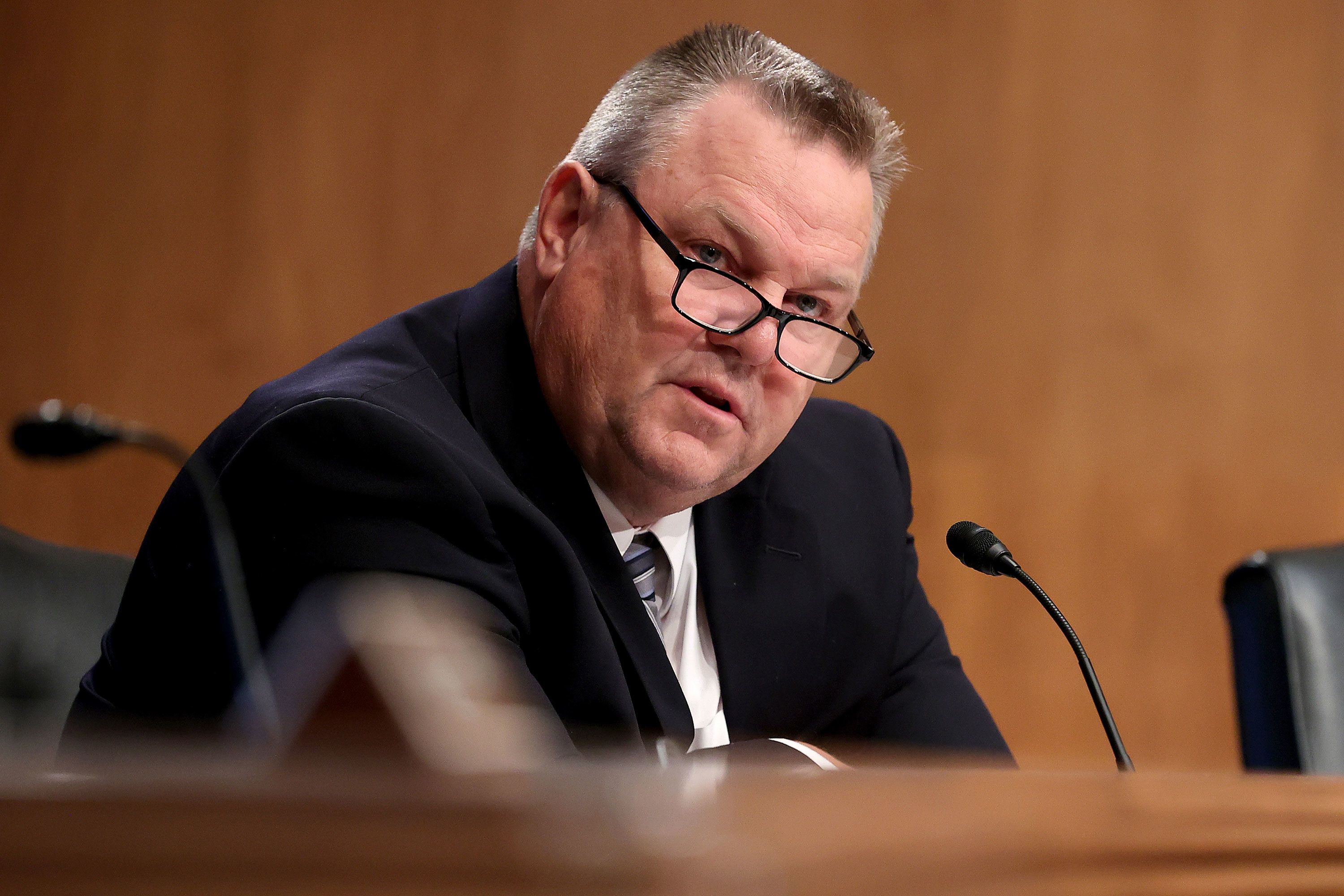 WASHINGTON, DC - AUGUST 05: One of the chief infrastructure negotiators, Sen. Jon Tester (D-MT) questions witnesses during a Senate Homeland Security and Governmental Affairs Committee confirmation hearing in the Dirksen Senate Office Building on Capitol Hill on August 05, 2021 in Washington, DC. Senate Majority Leader Charles Schumer (D-NY) is spurring his colleagues to pass the bipartisan infrastructure bill as senators continue to offer numerous amendments this week. (Photo by Chip Somodevilla/Getty Images)