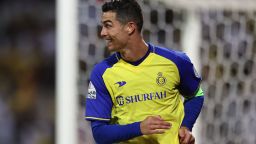 Nassr's Portuguese forward Cristiano Ronaldo celebrates scoring his team's second goal during the Saudi Pro League football match between Al-Wehda and Al-Nassr at the King Abdulaziz Stadium in Mecca on February 9, 2023. (Photo by AFP) (Photo by -/AFP via Getty Images)