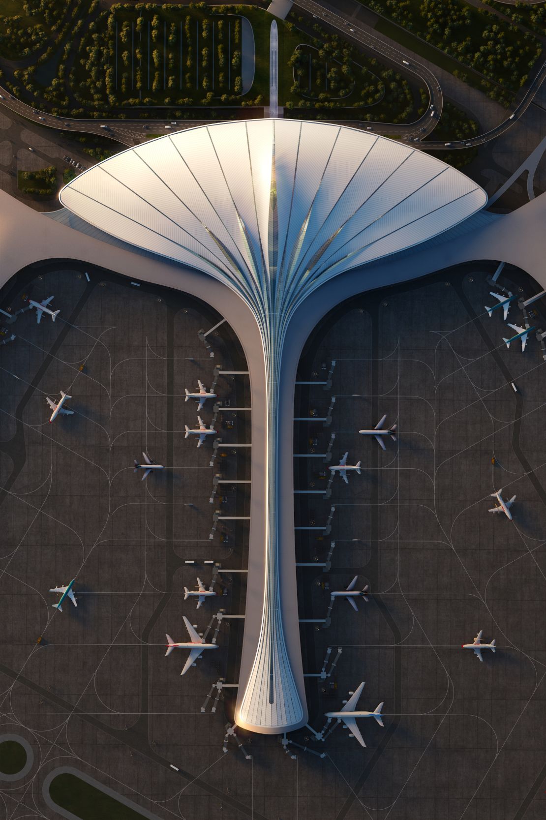 MAD Architects says the feather inspiration is a nod to the airplanes that will ascend and descend from the airport each day.  