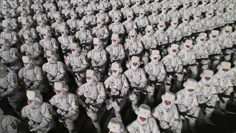 In this photo provided by the North Korean government, soldiers march during a military parade to mark the 75th founding anniversary of the Korean People's Army on Kim Il Sung Square in Pyongyang, North Korea Wednesday, Feb. 8, 2023.