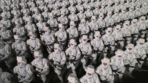 In this photo provided by the North Korean government, soldiers march during a military parade to mark the 75th founding anniversary of the Korean People's Army on Kim Il Sung Square in Pyongyang, North Korea Wednesday, Feb. 8, 2023. 