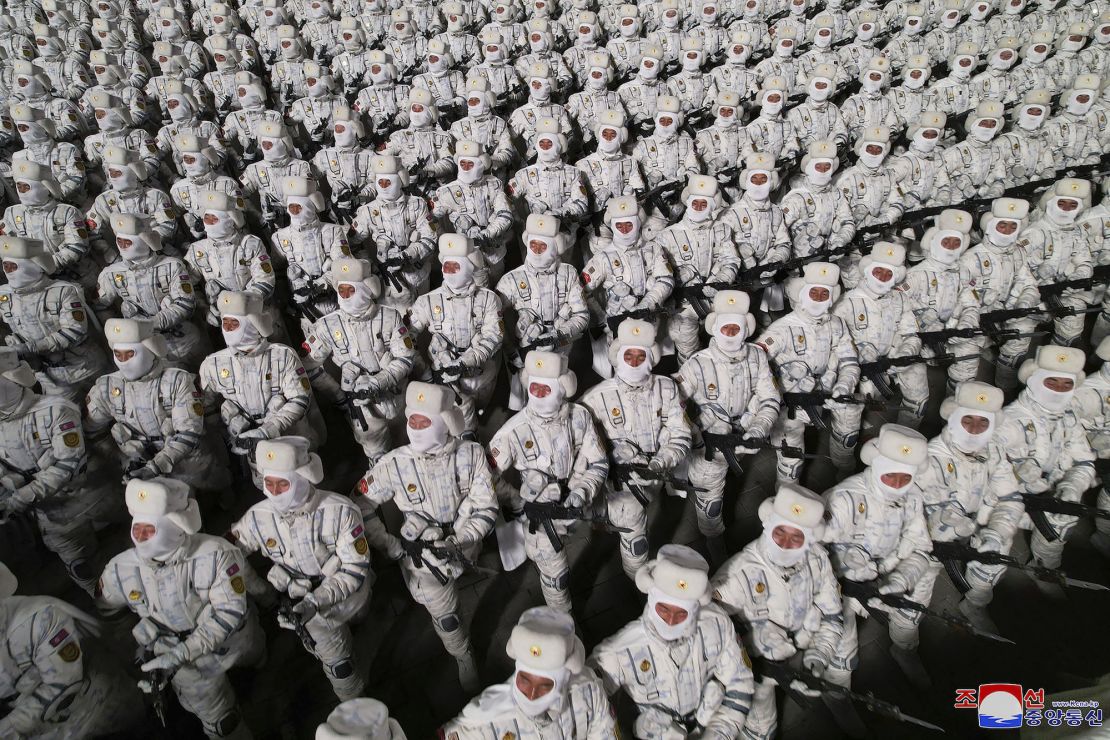In this photo provided by the North Korean government, soldiers march during a military parade to mark the 75th founding anniversary of the Korean People's Army on Kim Il Sung Square in Pyongyang, North Korea Wednesday, Feb. 8, 2023. 