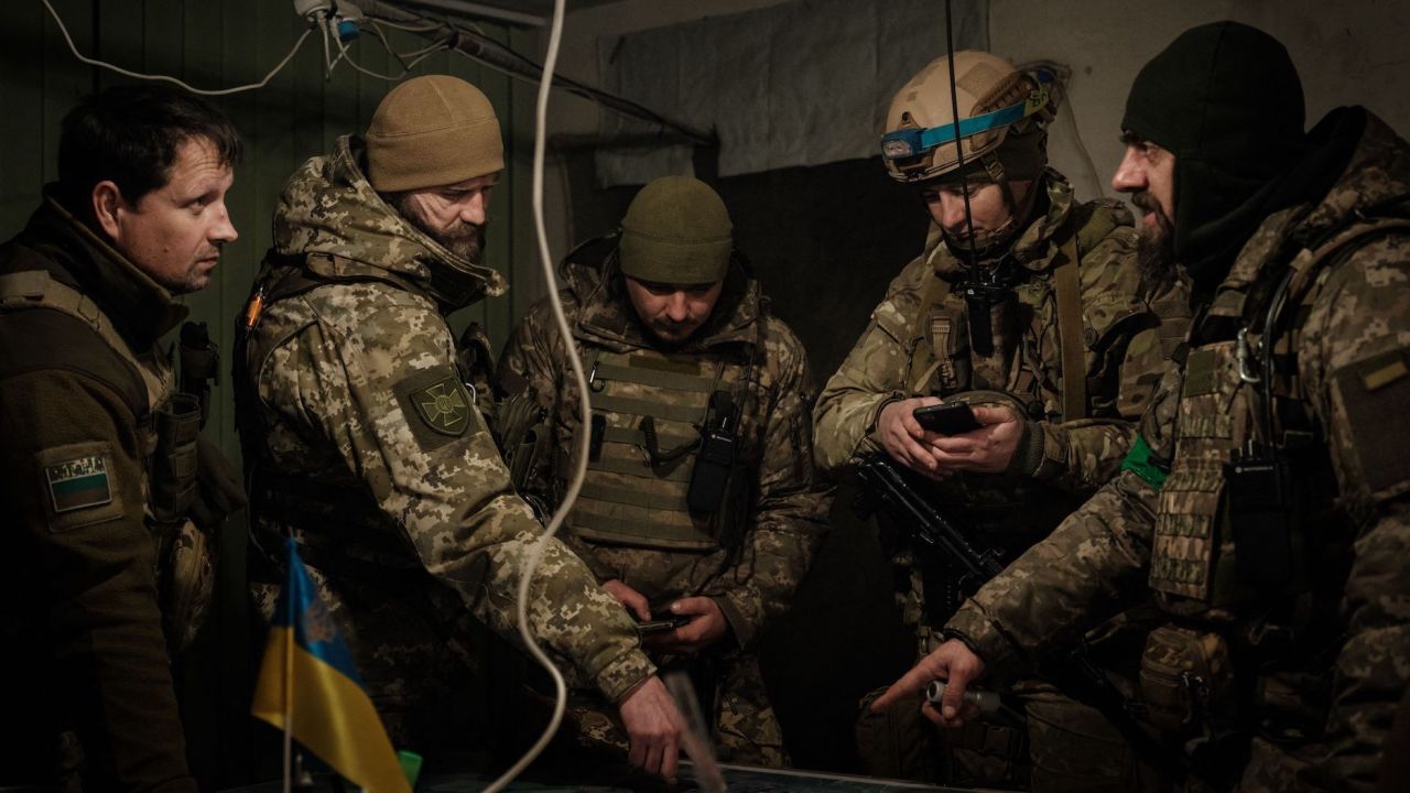 Ukrainian servicemen of the State Border Guard Service work in the operations room in Bakhmut on February 9, 2023, amid the Russian invasion of Ukraine. (Photo by YASUYOSHI CHIBA / AFP) (Photo by YASUYOSHI CHIBA/AFP via Getty Images)