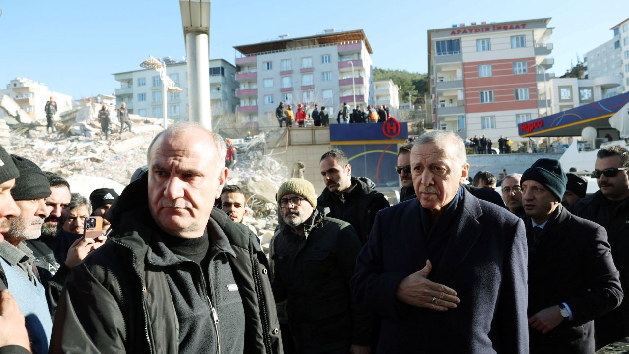 Turkish President Recep Tayyip Erdogan meets with people in the aftermath of a deadly earthquake in Kahramanmaras, Turkey on Wednesday.