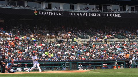 An advertisement for DraftKings is shown on the scoreboard during the game between the Boston Red Sox and the Detroit Tigers at Comerica Park on July 7, 2019 in Detroit, Michigan. 