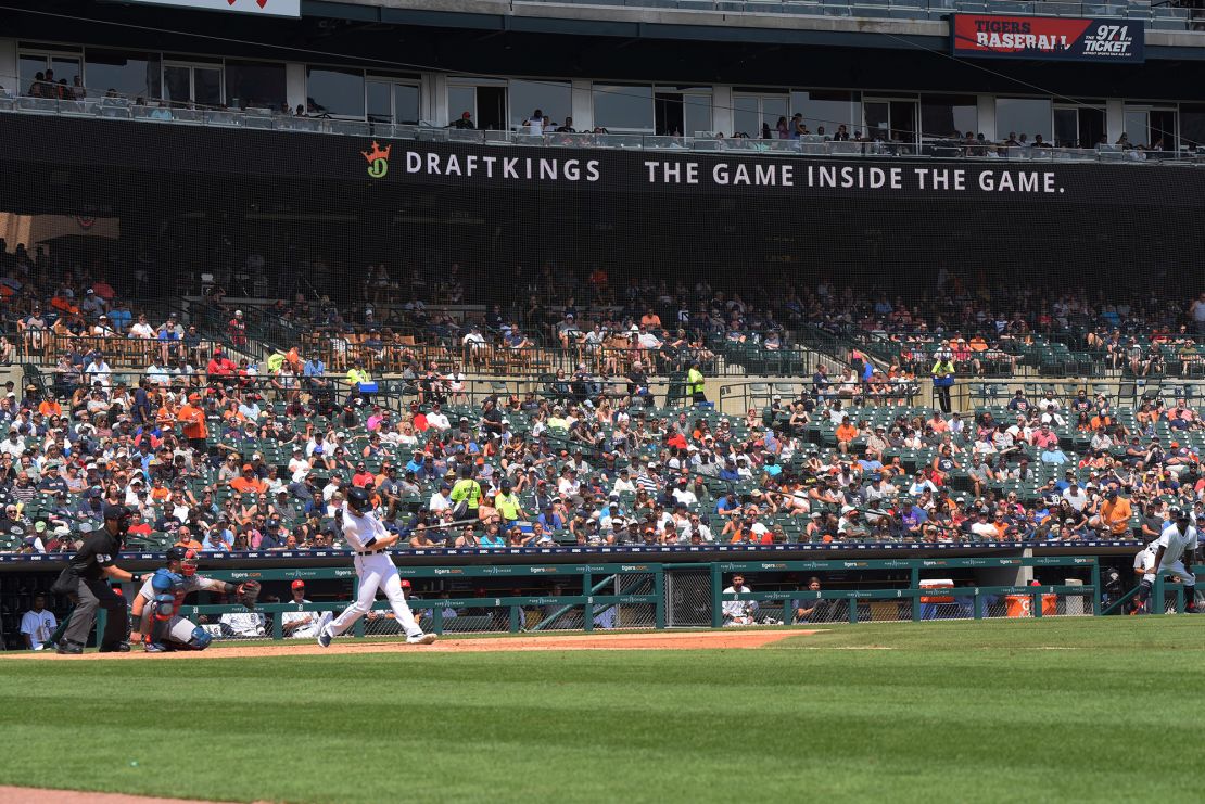 An advertisement for DraftKings is shown on the scoreboard during the game between the Boston Red Sox and the Detroit Tigers at Comerica Park on July 7, 2019 in Detroit, Michigan. 