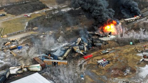 This photo taken with a drone shows portions of a Norfolk Southern freight train that derailed February 3 in East Palestine, Ohio, were still on fire mid-day February 4, 2023. 