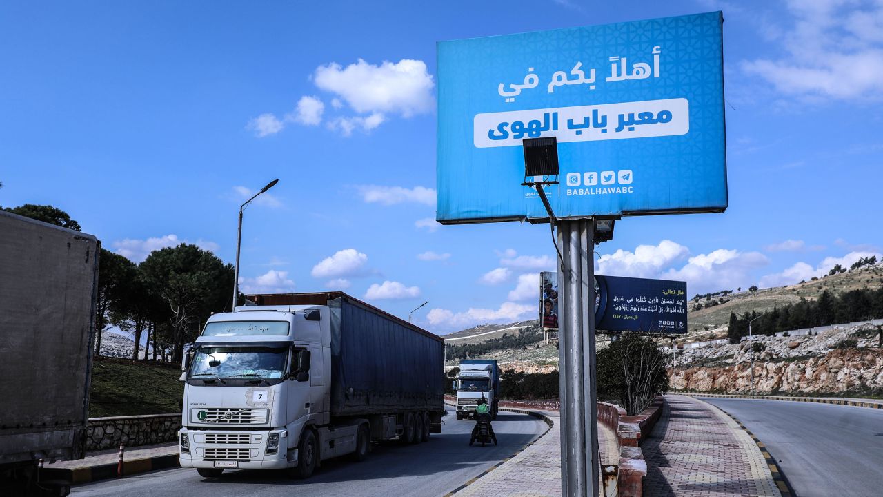 United Nations trucks full of humanitarian aid enter Idlib, Syria, through the Bab al-Hawa Border Gate. 