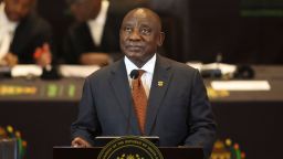 South African President Cyril Ramaphosa looks on during the 2023 state-of-the-nation address (SONA) at the Cape Town City Hall in Cape Town on February 9, 2023.
