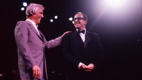 Burt Bacharach and Elvis Costello perform on stage at the Royal Festival Hall, London, United Kingdom, October 1998.