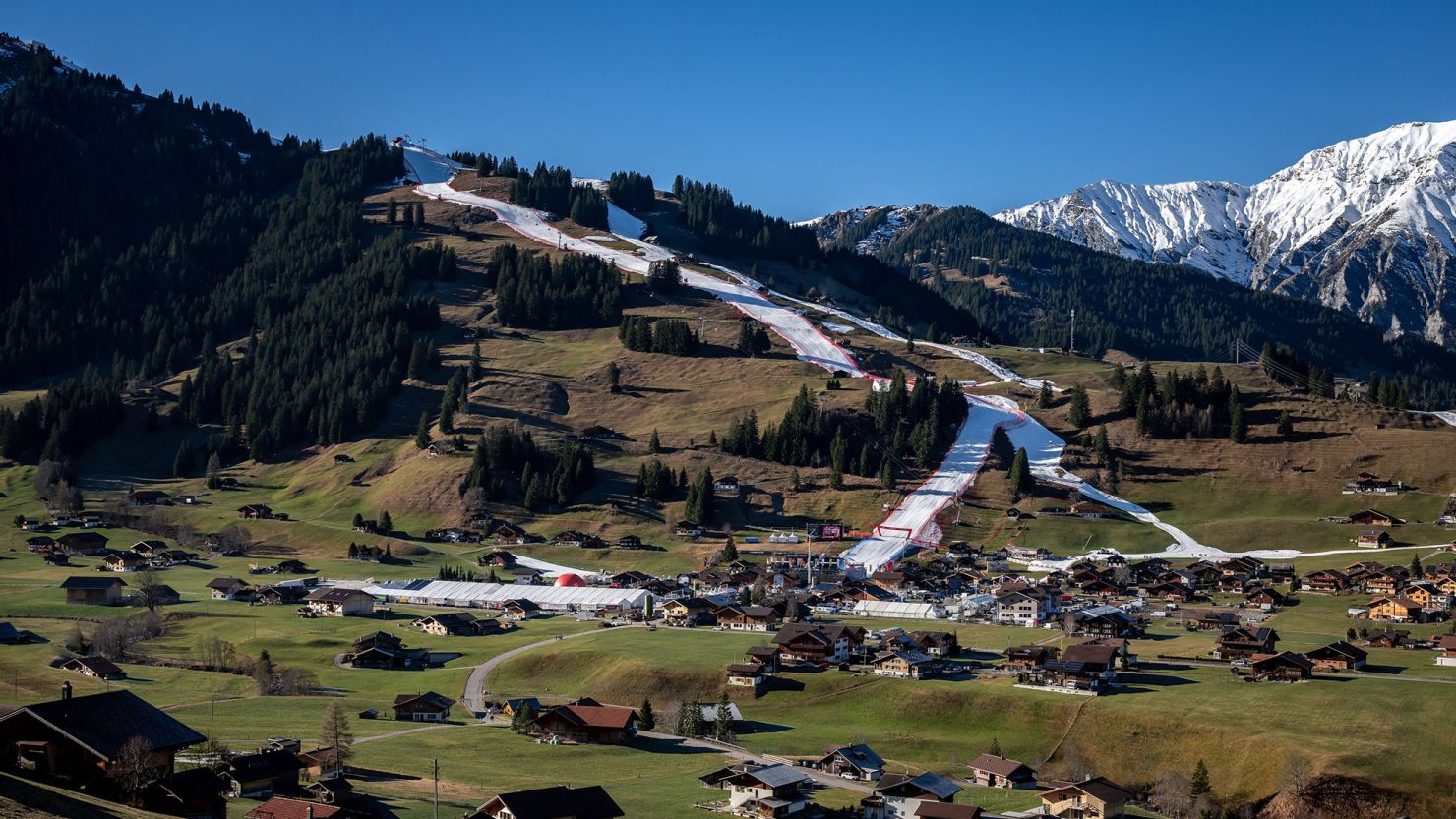 A snowless slope in the Swiss alpine resort of Adelboden. Due to the lack of snow, several mid-altitude ski resorts had to close in Switzerland. 