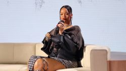 PHOENIX, ARIZONA - FEBRUARY 09: Rihanna speaks during the Super Bowl LVII Pregame & Apple Music Halftime Show press conference at Phoenix Convention Center on February 09, 2023 in Phoenix, Arizona. (Photo by Mike Lawrie/Getty Images)