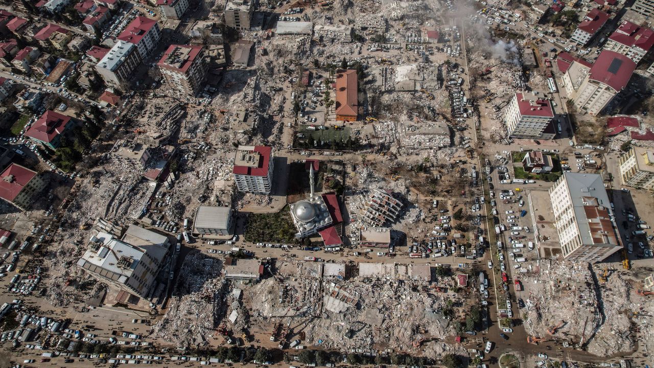 Aerial photo showing the destruction in Kahramanmaras city center on February 9. 