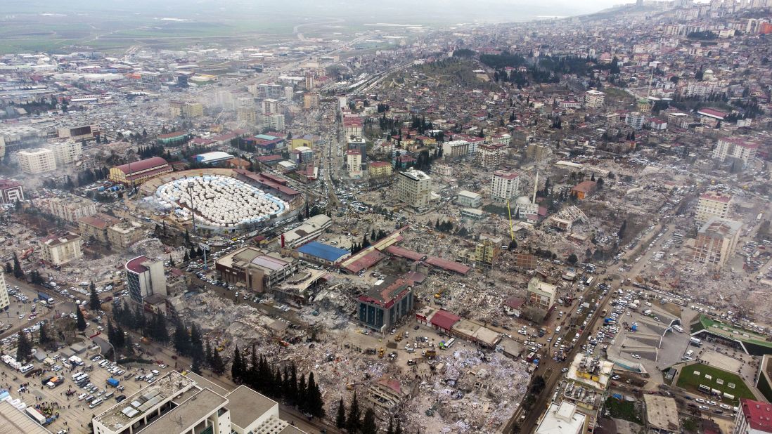 This aerial photo shows damage in Kahramanmaras on February 10.