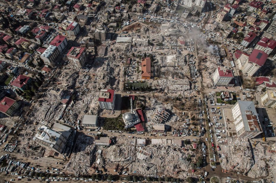 Destruction is seen in the city center of Kahramanmaraş on February 9.