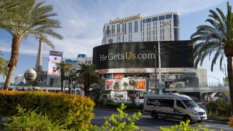 The first of the "He Gets Us" campaign billboards appeared along the Strip in Las Vegas on March 14, 2022. 