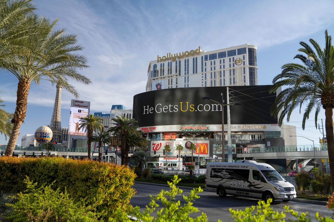 The first of the "He Gets Us" campaign billboards appeared along the Strip in Las Vegas on March 14, 2022. 