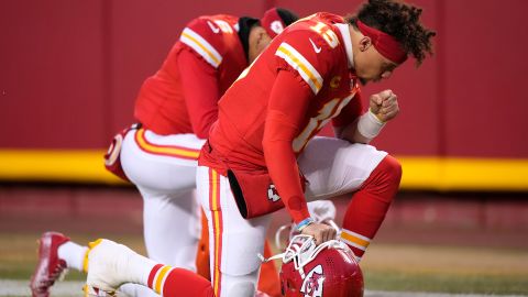The NFL and religion have been closely linked. Here, Kansas City Chiefs quarterback Patrick Mahomes prays before the AFC Championship game against the Cincinnati Bengals on January 29, 2023.