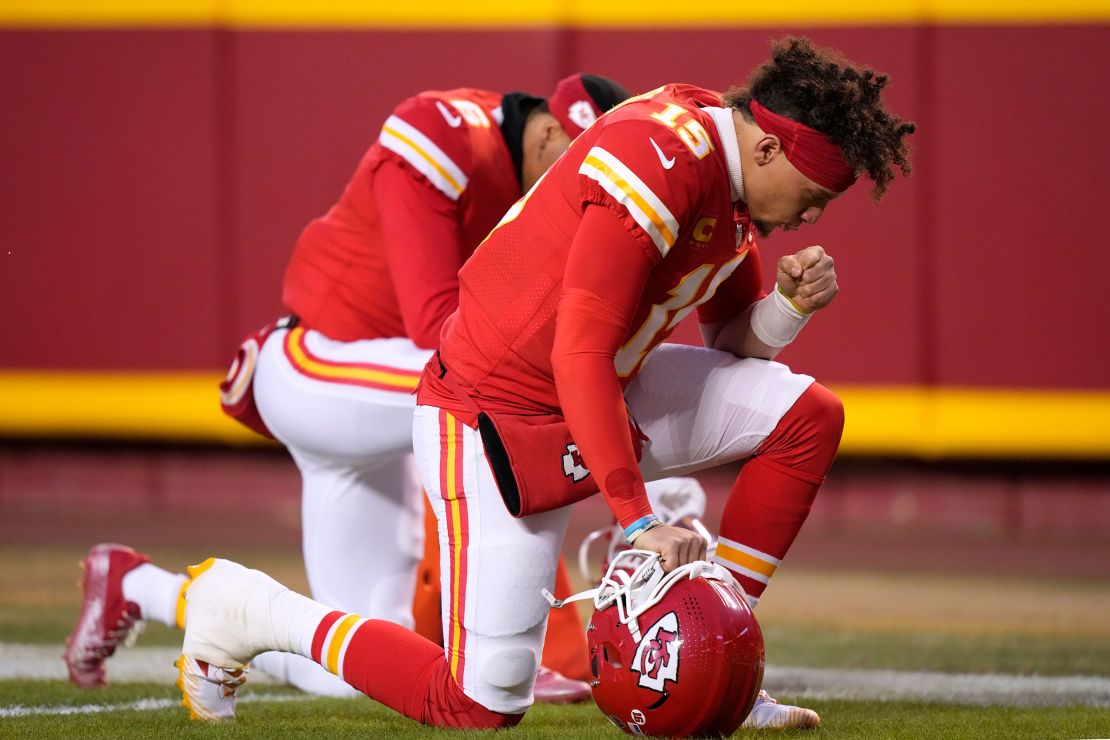 The NFL and religion have been closely linked. Here, Kansas City Chiefs quarterback Patrick Mahomes prays before the AFC Championship game against the Cincinnati Bengals on January 29, 2023.