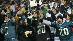 PHILADELPHIA - JANUARY 11:  Philadelphia Eagles fans celebrate after running back Duce Staley #22 of the Philadelphia Eagles scored on a 7-yard touchdown catch in the second quarter during the NFC divisional playoffs against the Green Bay Packers on January 11, 2004 at Lincoln Financial Field in Philadelphia, Pennsylvania.  (Photo by Doug Pensinger/Getty Images)  
